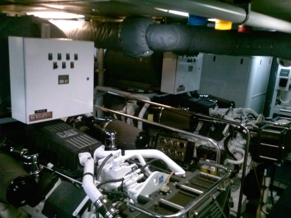 Large engine room with double marine engines